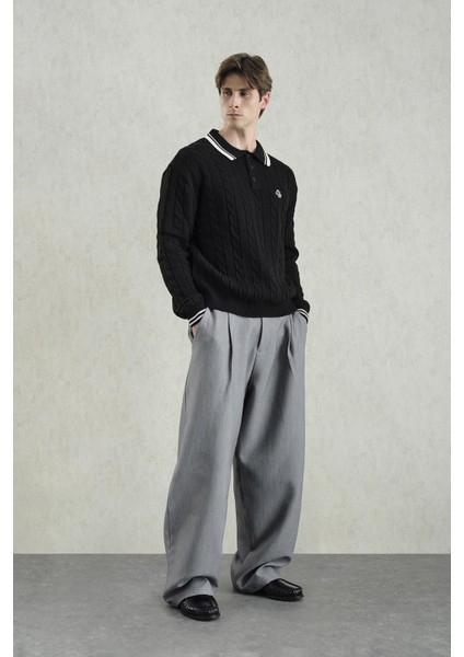 Örgü Desenli Polo Yaka Triko Siyah Kazak fiyatları