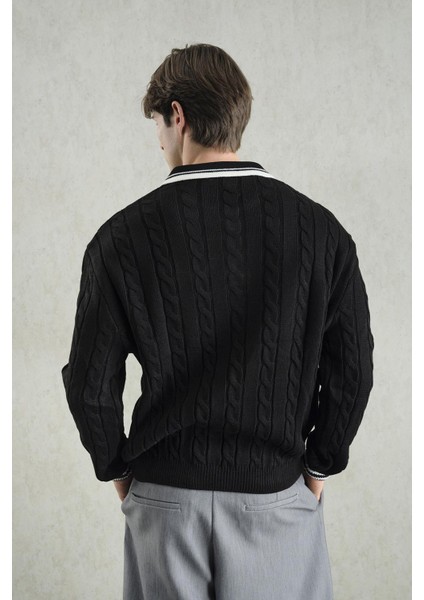 Örgü Desenli Polo Yaka Triko Siyah Kazak modelleri