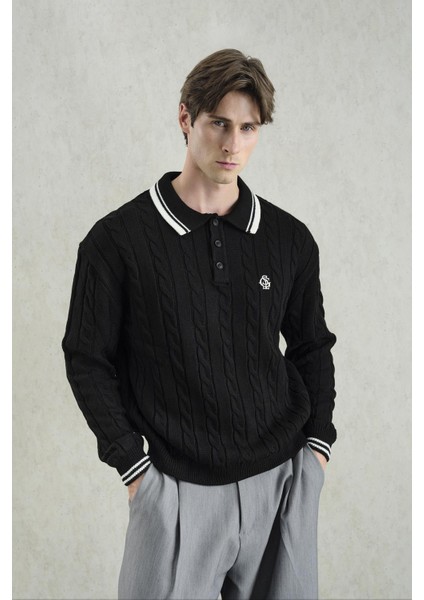 Örgü Desenli Polo Yaka Triko Siyah Kazak fırsatları