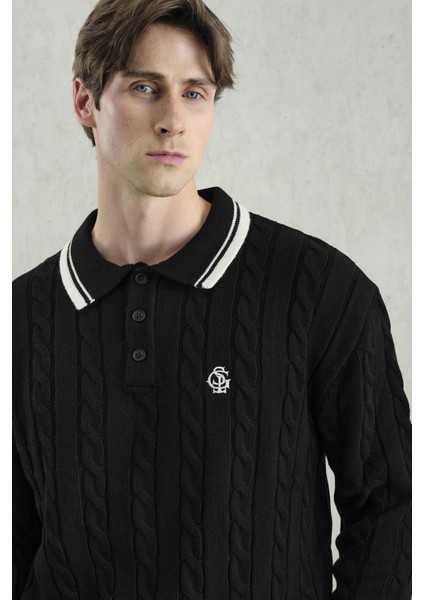 Örgü Desenli Polo Yaka Triko Siyah Kazak indirimleri