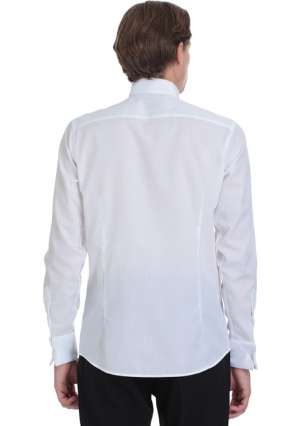 Beyaz Comfort Fit Ata Yaka 100% Pamuk Uzun Kollu Damatlık Gömlek