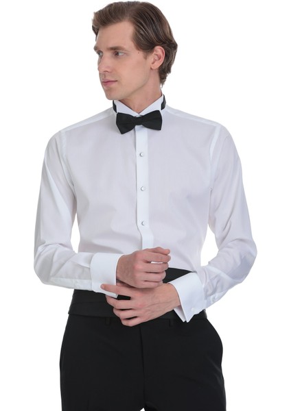 Beyaz Comfort Fit Ata Yaka 100% Pamuk Uzun Kollu Damatlık Gömlek