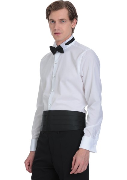 Beyaz Comfort Fit Ata Yaka 100% Pamuk Uzun Kollu Damatlık Gömlek