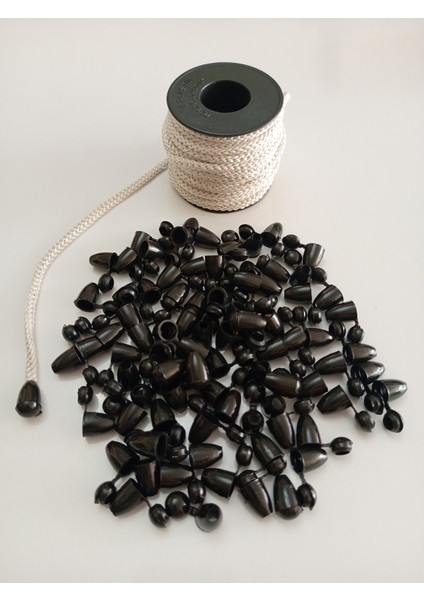 50 mt Krem Renk Esnek 6 mm Eşofman Kapüşon Bağcık Ipi ve 100 Adet Plastik Tıpalı Kapüşon Ucu