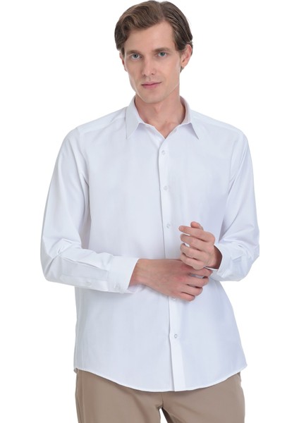 Beyaz Klasik Fit Slim Yaka Pamuklu Uzun Kollu Gömlek