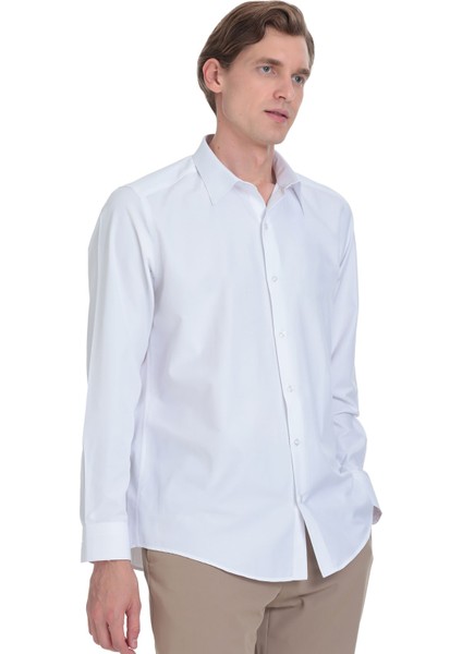 Beyaz Klasik Fit Slim Yaka Pamuklu Uzun Kollu Gömlek fırsatları