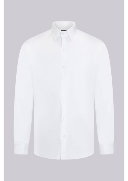 Beyaz Klasik Fit Slim Yaka Pamuklu Uzun Kollu Saten Gömlek