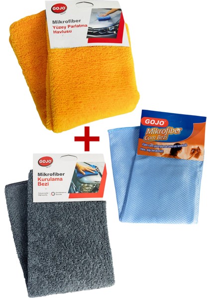 Mikrofiber Yüzey Parlatma Havlusu + Kurulama Havlusu+ Cam Bezi 3lü Set