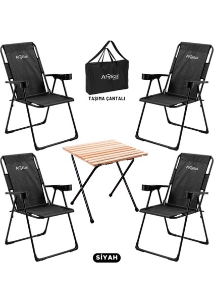 4 Adet Katlanır Kamp Sandalyesi ve Masa Seti - Rest - Taşıma Çantalı - Siyah - 130 kg Taşıma
