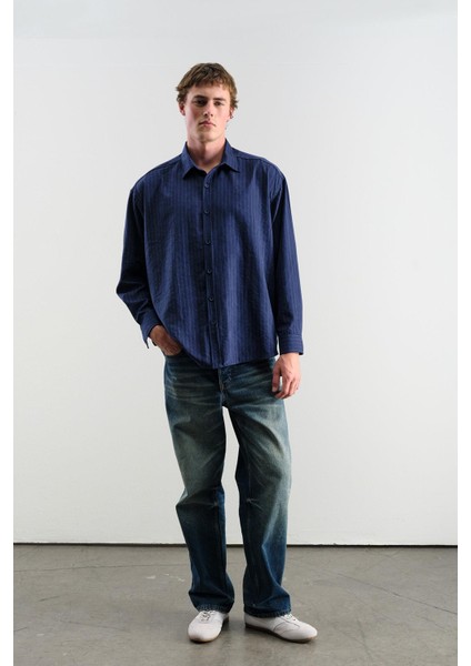 Çizgili Efektli Modallacivert Gömlek indirimleri