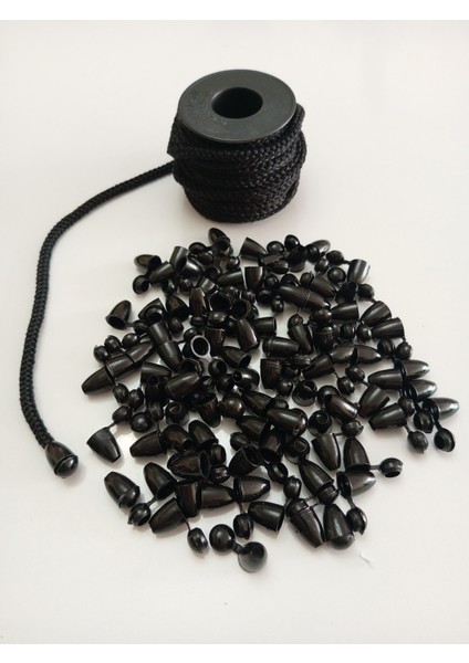 30 mt Siyah Renk Esnek 6 mm Eşofman Kapüşon Bağcık Ipi ve 60 Adet Plastik Tıpalı Kapüşon Ucu