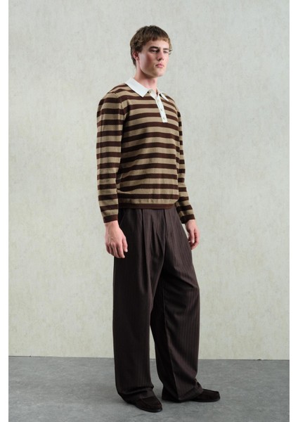 Gold Düğmeli Çizgili Polo Yaka Kazak fiyatları