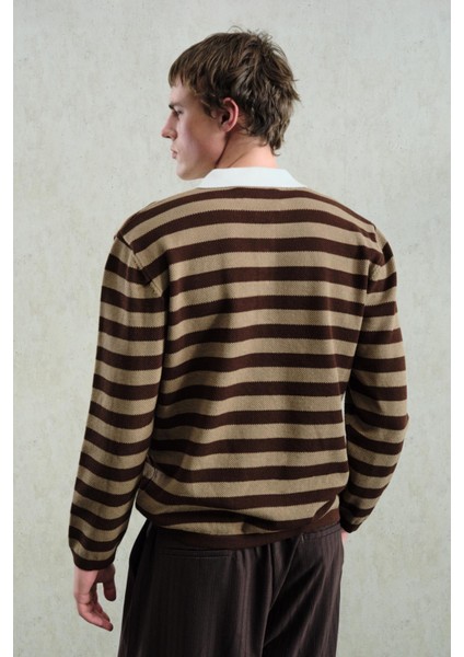 Gold Düğmeli Çizgili Polo Yaka Kazak modelleri