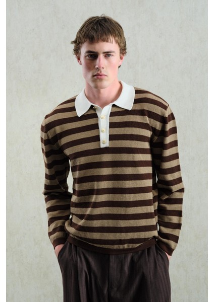 Gold Düğmeli Çizgili Polo Yaka Kazak fırsatları