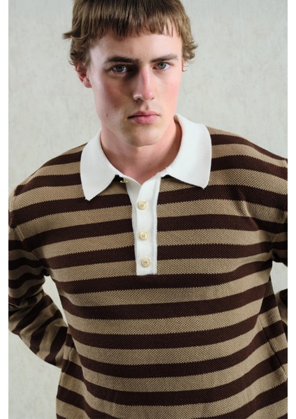 Gold Düğmeli Çizgili Polo Yaka Kazak indirimleri