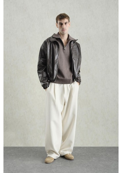 Kabartma Logolu Parçalı Kahverengi Deri Ceket