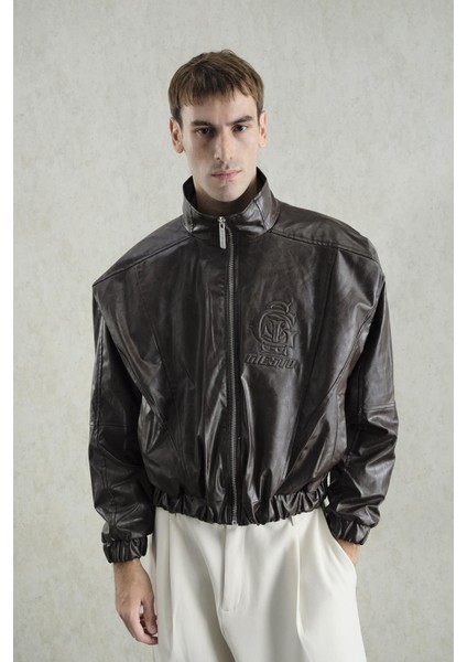 Kabartma Logolu Parçalı Kahverengi Deri Ceket fırsatları