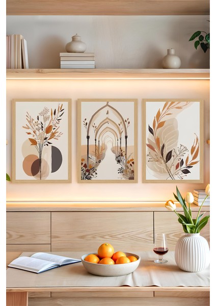 🌿 Bej ve Tarçın Tonlarında Soyut Gotik Kemerli Çiçek Temalı 3'lü Tablo Seti 🌿 CRVS1064 13 x 17