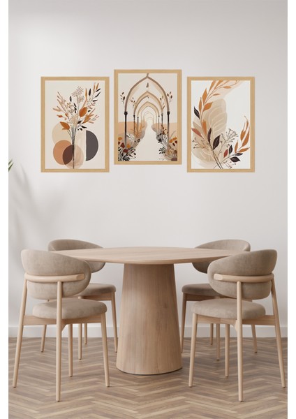 🌿 Bej ve Tarçın Tonlarında Soyut Gotik Kemerli Çiçek Temalı 3'lü Tablo Seti 🌿 CRVS1064 13 x 17 fiyatları
