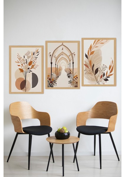 🌿 Bej ve Tarçın Tonlarında Soyut Gotik Kemerli Çiçek Temalı 3'lü Tablo Seti 🌿 CRVS1064 13 x 17 modelleri