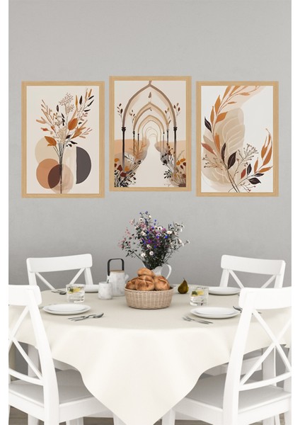 🌿 Bej ve Tarçın Tonlarında Soyut Gotik Kemerli Çiçek Temalı 3'lü Tablo Seti 🌿 CRVS1064 13 x 17 indirimleri
