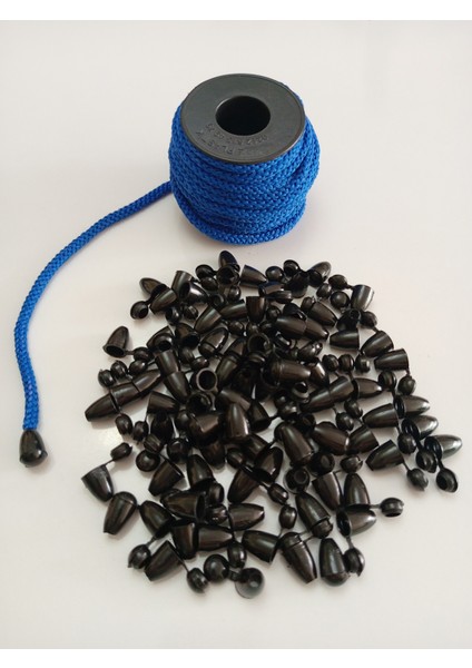 30 mt Mavi Renk Esnek 6 mm Eşofman Kapüşon Bağcık Ipi ve 60 Adet Plastik Tıpalı Kapüşon Ucu