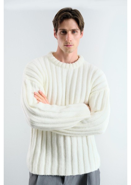 Kalın Fitilli Yünlü Ekru Kazak