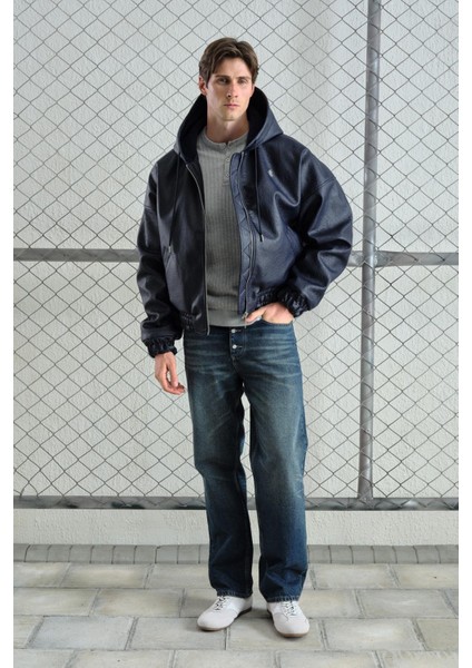 Kapüşonlu Lacivert Deri Ceket