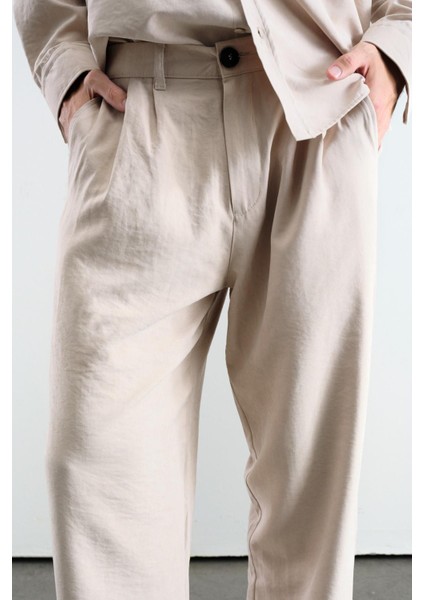 Pilili Efektli Modal Bej Pantolon