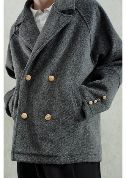 Gold Düğmeli Kısa Antrasit Kaşe Kaban fiyatları