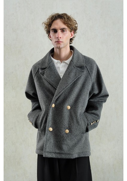 Gold Düğmeli Kısa Antrasit Kaşe Kaban modelleri