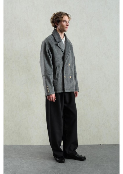 Gold Düğmeli Kısa Antrasit Kaşe Kaban indirimleri