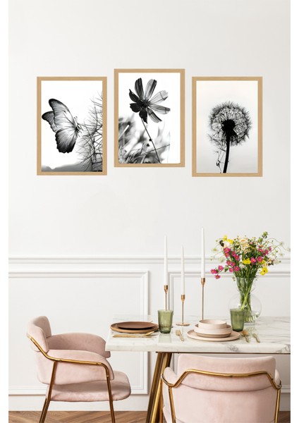 🖤 Siyah Beyaz Kelebek ve Çiçek Temalı 3'lü Uv Baskılı Tablo Seti (Çerçevesiz) CRVS1060 13 x 17 fırsatları
