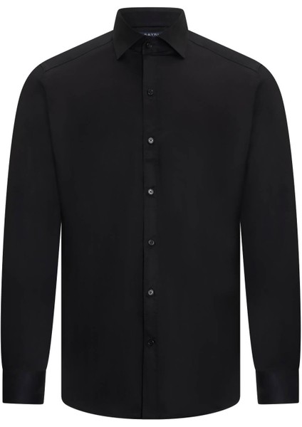 Siyah Comfort Fit Slim Yaka 100% Pamuk Devrik Manşet Uzun Kollu Saten Gömlek