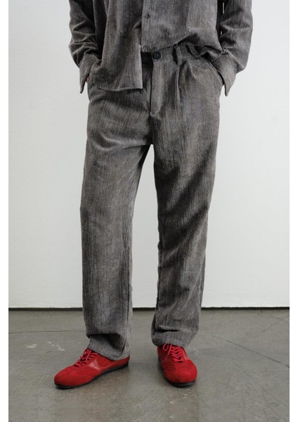 Efektli Pilili Kadife Antrasit Pantolon