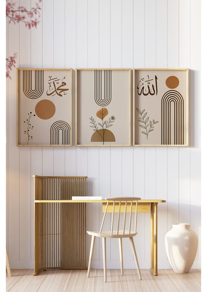 🌙 Modern Minimal Çizgilerle Allah & Muhammed Yazılı 3’lü Tablo Seti 🌙CRV1071 32 x 42 modelleri