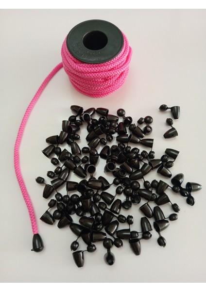 50 mt Pembe Renk Esnek 6 mm Eşofman Kapüşon Bağcık Ipi ve 100 Adet Plastik Tıpalı Kapüşon Ucu