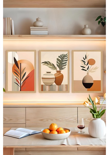 🌿 Toprak Tonlarında Vazo ve Yaprak Temalı 3’lü Çerçevesiz Tablo Seti - Çerçevesiz Mdf CRVS1059 13 x 17