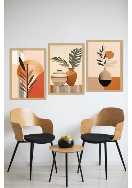 🌿 Toprak Tonlarında Vazo ve Yaprak Temalı 3’lü Çerçevesiz Tablo Seti - Çerçevesiz Mdf CRVS1059 13 x 17 modelleri
