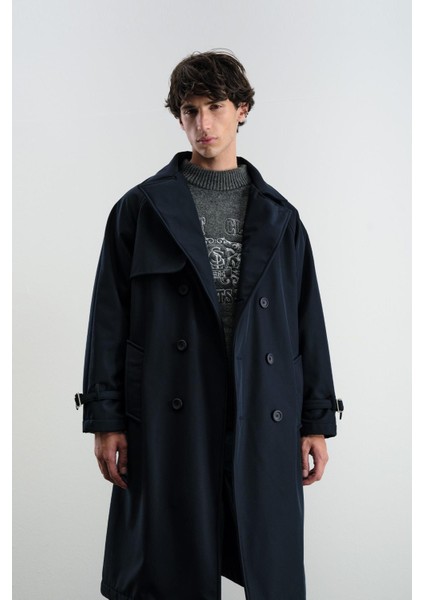 Kemerli Kruvaze Yaka Içi Polarlı Lacivert Trençkot modelleri