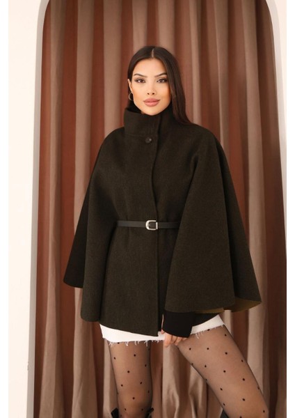 Kemerli Dokulu Kaşe Kumaş Panço