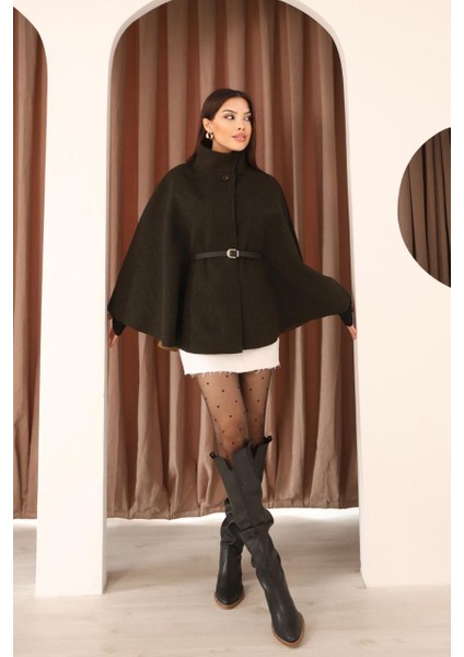 Kemerli Dokulu Kaşe Kumaş Panço modelleri