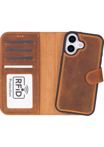 Apple iPhone 17 Için, Hakiki Deri, El Yapımı Cüzdanlı Kılıf, Magsafe ile Uyumlu, Iç Yüzeyi Kadife, Karamel