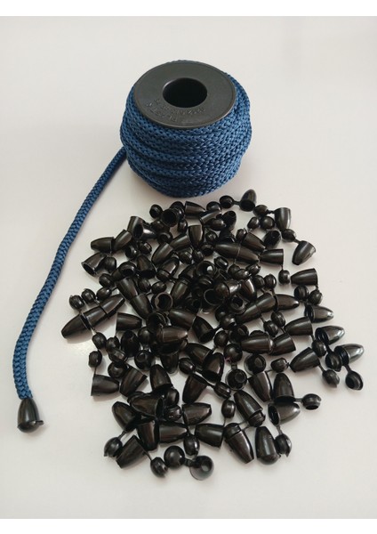 50 mt Lacivert Renk Esnek 6 mm Eşofman Kapüşon Bağcık Ipi ve 100 Adet Plastik Tıpalı Kapüşon Ucu