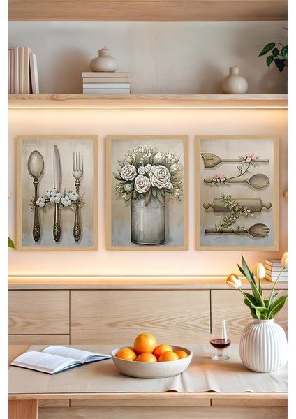 Rustik Mutfak Temalı 3'lü Tablo Seti – Çerçevesiz, Uv Baskılı CRVS1063 13 x 17