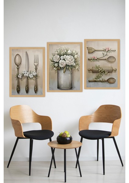 Rustik Mutfak Temalı 3'lü Tablo Seti – Çerçevesiz, Uv Baskılı CRVS1063 13 x 17 modelleri