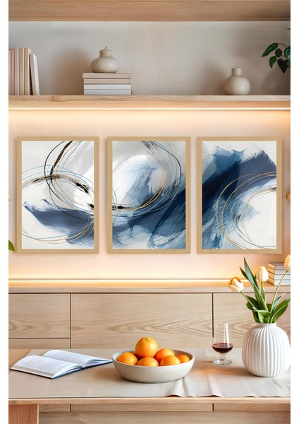 ✨ Lacivert ve Altın Renkli Soyut Dalgalar Temalı 3’lü Tablo Seti Çerçevesiz Mdf Uv Baskı CRVS1056 13 x 17