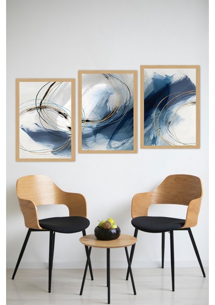 ✨ Lacivert ve Altın Renkli Soyut Dalgalar Temalı 3’lü Tablo Seti Çerçevesiz Mdf Uv Baskı CRVS1056 13 x 17 modelleri