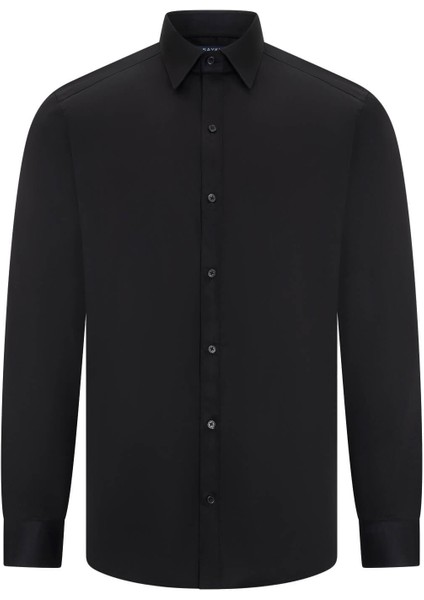 Siyah Slim Fit Açık Italyan Yaka Uzun Kollu Saten Gömlek