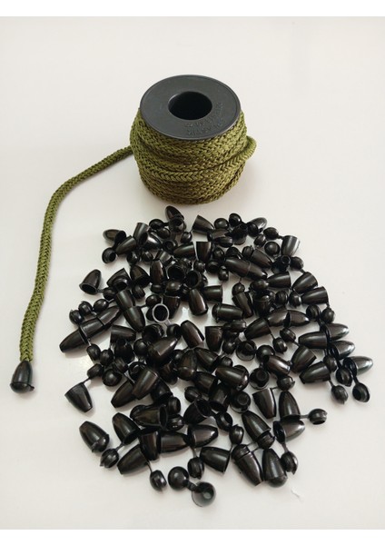 10 mt Haki Renk Esnek 6 mm Eşofman Kapüşon Bağcık Ipi ve 20 Adet Plastik Tıpalı Kapüşon Ucu